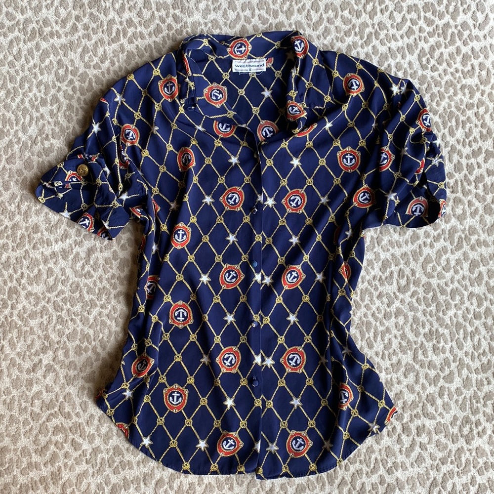 Vintage Westbound II Women's Nautical Short Sleeve Button-Down Blouse, size XL